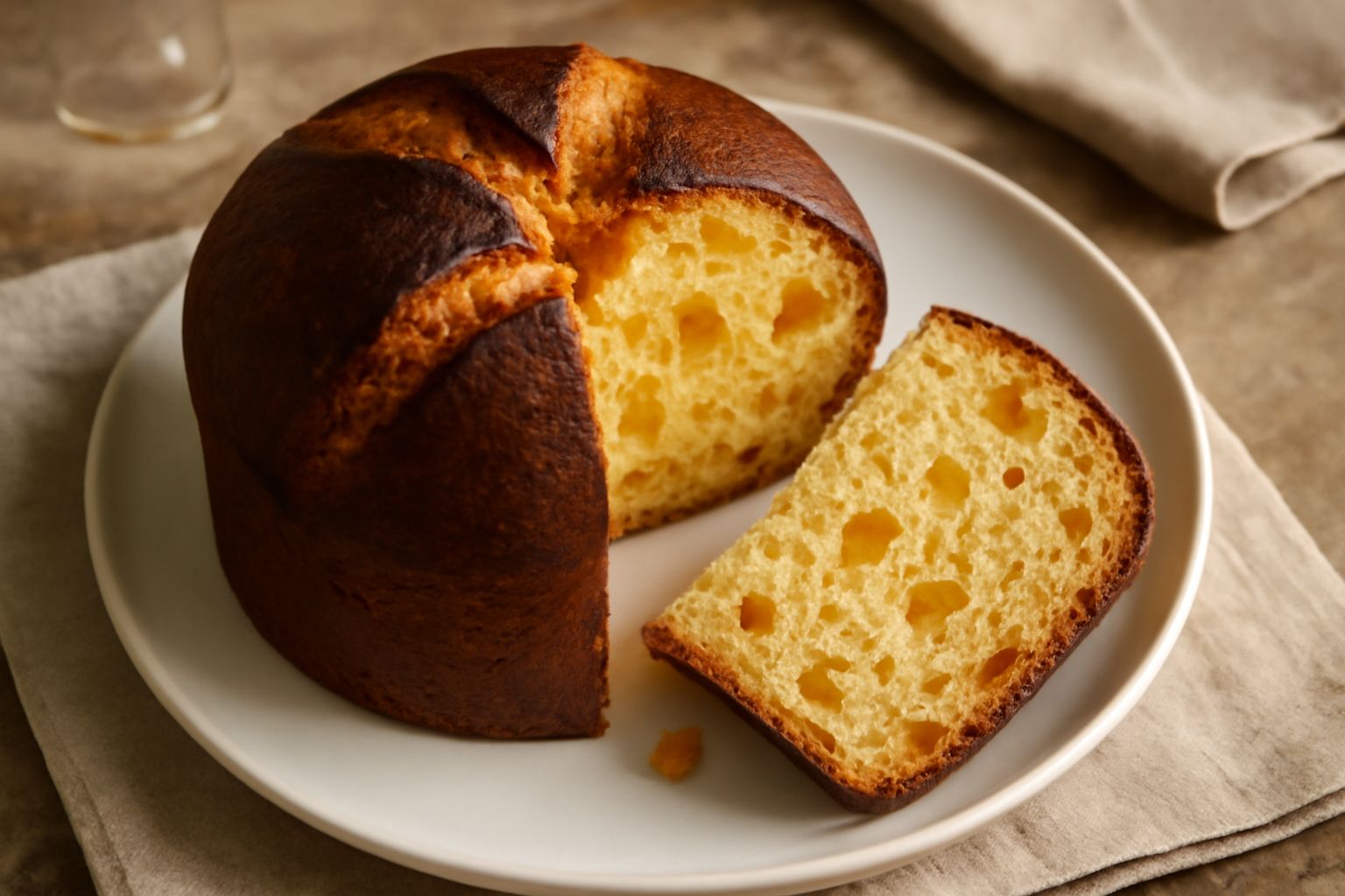 Un panettone a cupola dorata scuro, con crosta spaccata regolare in cima, canditi d'arancia visibili sulla superficie, posato su un piatto bianco con una fetta tagliata accanto che mostra l'interno so