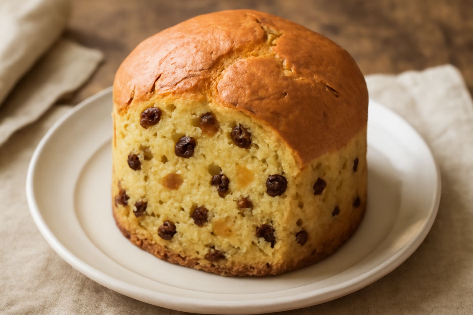 Panettone tagliato a fette su piatto bianco, mostra interno giallo oro con uvetta nera e pezzetti di cedrata e arancia candita, decorato con mandorle tostate in cima