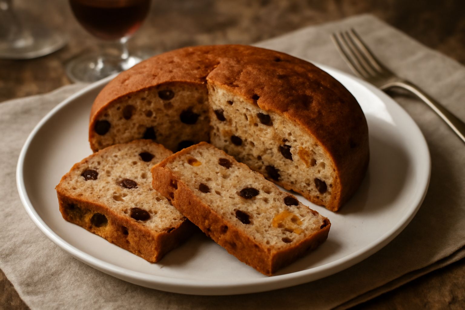 Panettone dei poveri a fette, color nocciola con pezzi visibili di uvetta nera e canditi gialli, su un piatto bianco con una tazza di caffè accanto