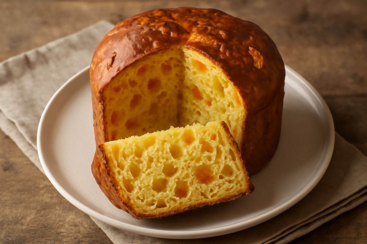Panettone appena sfornato, dalla cupola dorata e regolare, con visibili pezzi di frutta candita gialla e arancione sulla superficie, poggiato su carta forno bianca, sfondo neutro e naturale