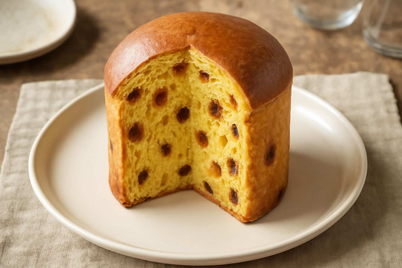 Panettone tagliato a fette su un piatto bianco, con cupola dorata e miga gialla chiara visibile, accanto a una tazza di caffè e canditi di agrumi su tavolo di legno naturale