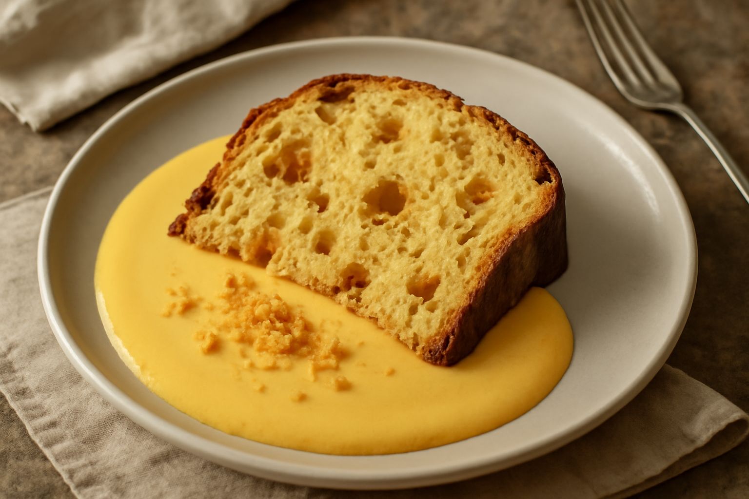 Fette di panettone giallo dorato con uvetta e canditi disposte su piatto bianco accanto a una ciotola di zabaione cremoso e una forchetta