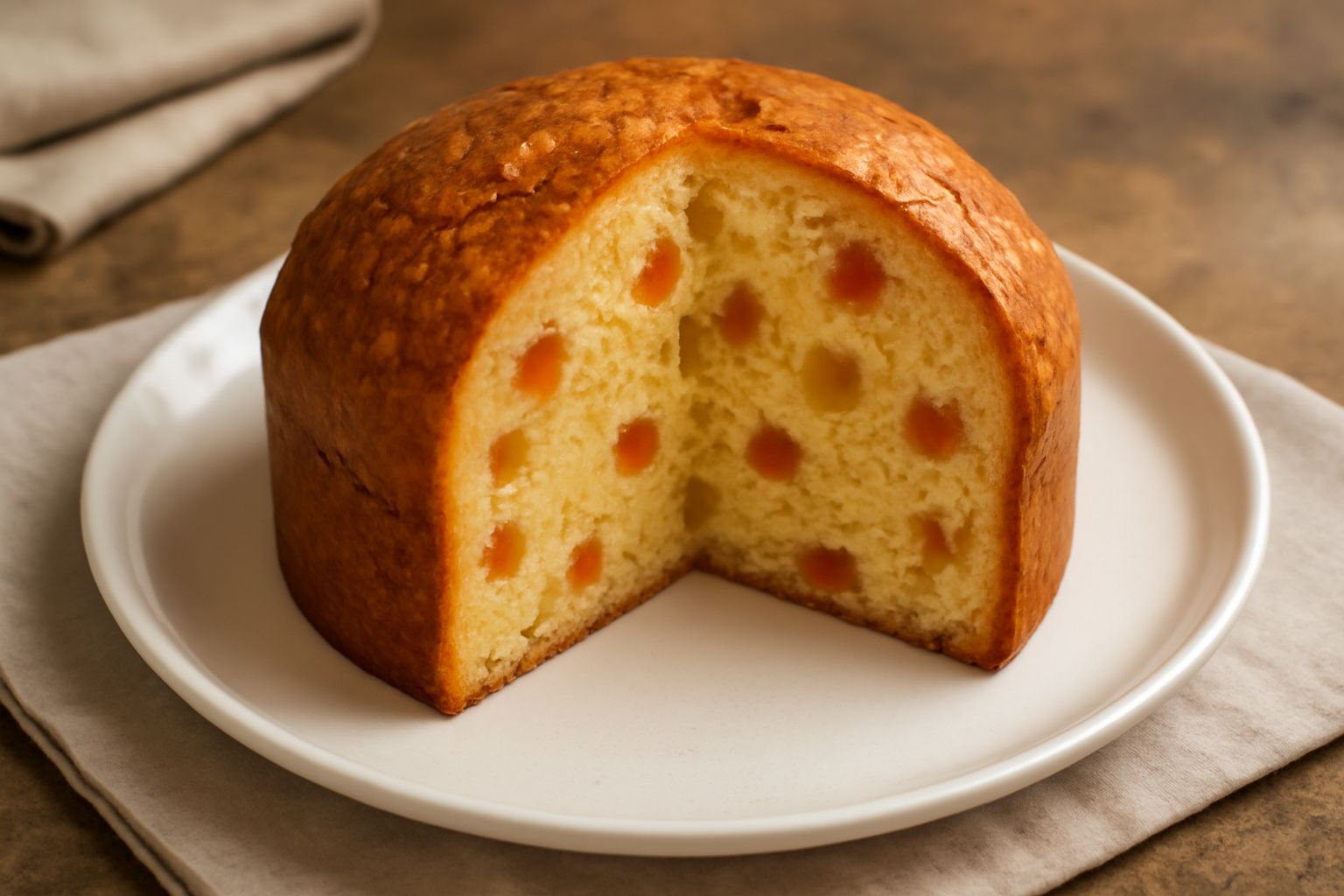 Panettone di Altamura a fette su piatto bianco, con mollica alveolata dorata e omogenea, canditi rossi e gialli ben visibili, profilo arrotondato tipico, sfondo neutro