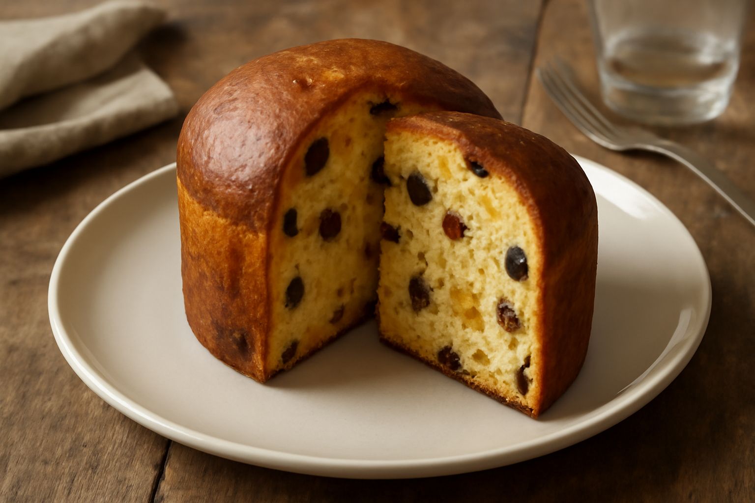 Panettone a fette su un tagliere di legno bianco, con mollica giallo dorato e visibili frammenti di uvetta scura e frutta candita, accanto una tazza di latte caldo e un coltello in acciaio