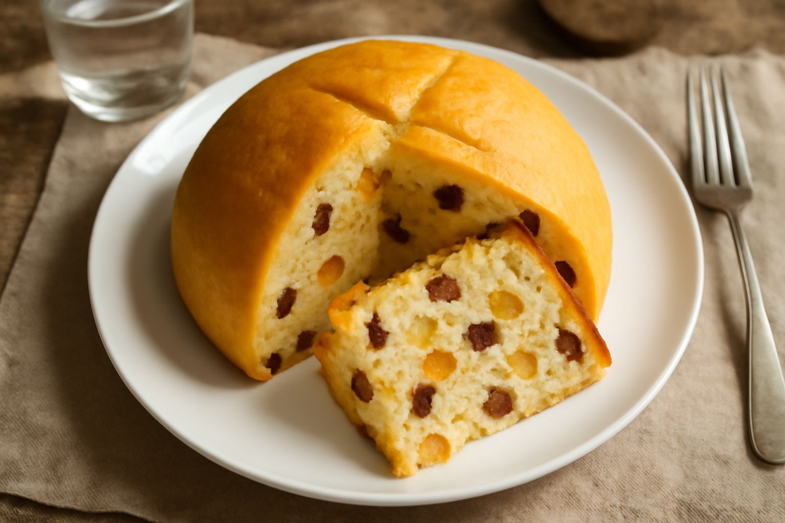 Panettone dorato intero in carta bianca, affettato per mostrare l'interno soffice con uvetta e canditi, su un piatto di ceramica bianca con una tazza di caffè accanto