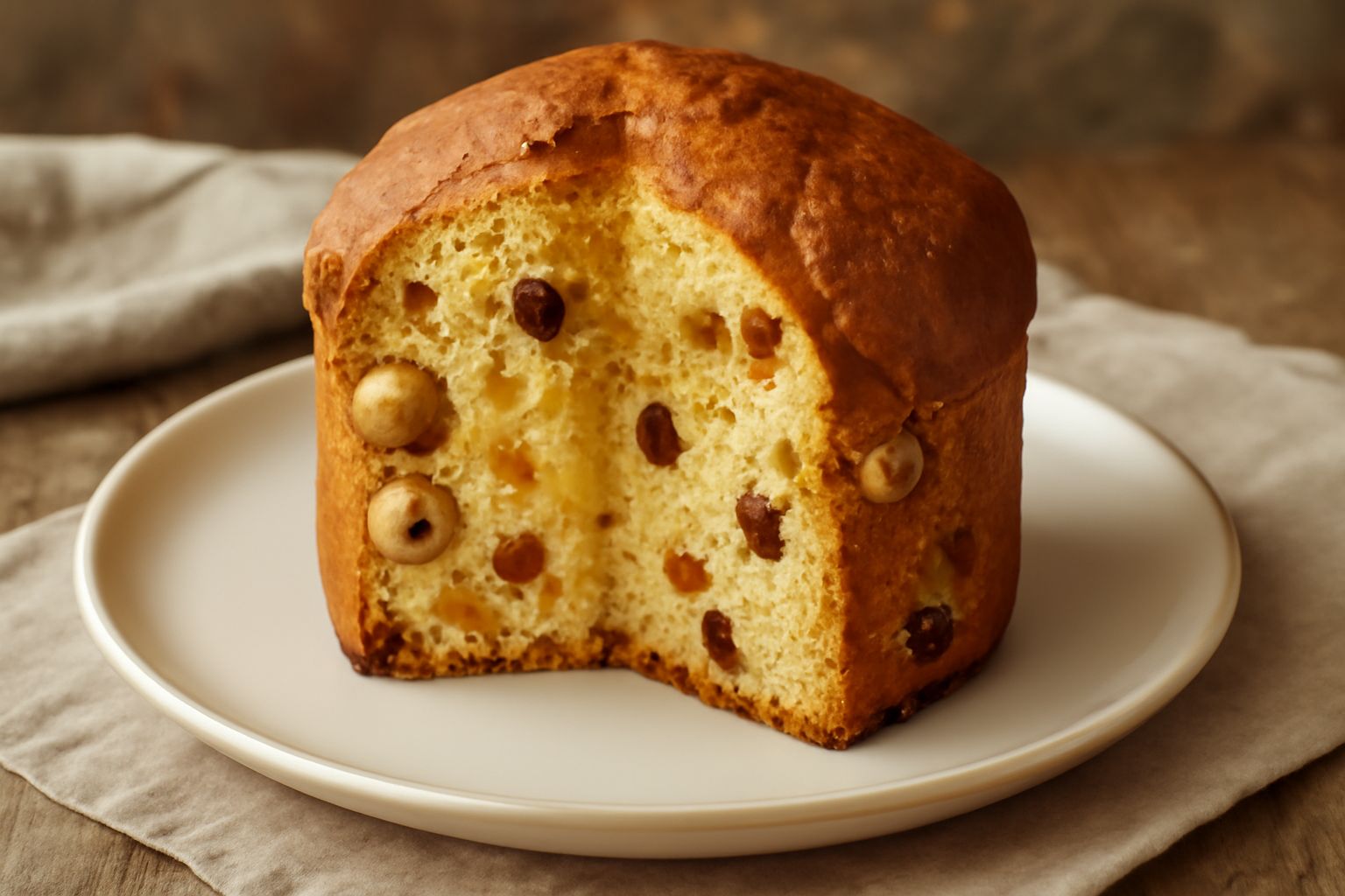 Panettone appena sfornato di colore dorato, con superficie leggermente screpolata e nocciole tostate visibili in sezione, su piatto bianco con zucchero a velo leggero