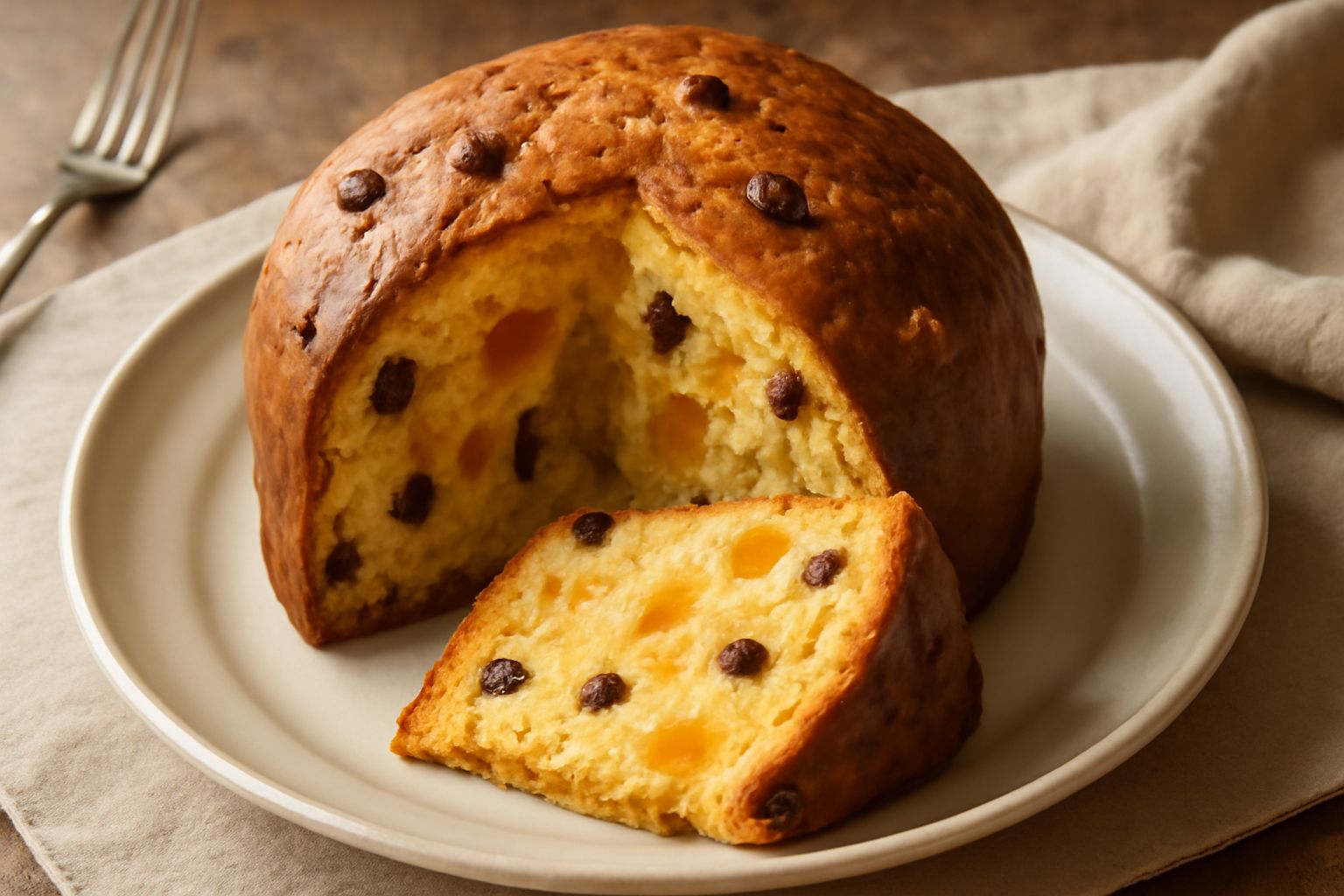 Panettone intero tagliato a fette su piatto bianco, miga gialla dorata con alveoli evidenti, uvetta e canditi distribuiti uniformemente, superficie dorata e leggermente screpolata