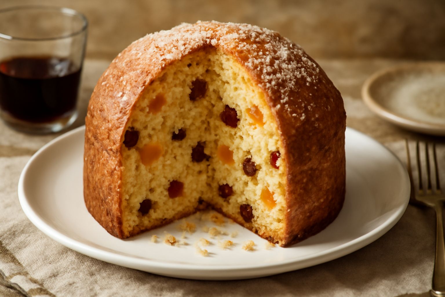 Panettone a fette su un piatto bianco, con colore dorato omogeneo, frutta candita visibile nella mollica, guarnito con zucchero semolato in superficie e una mandarino candito decorativo accanto