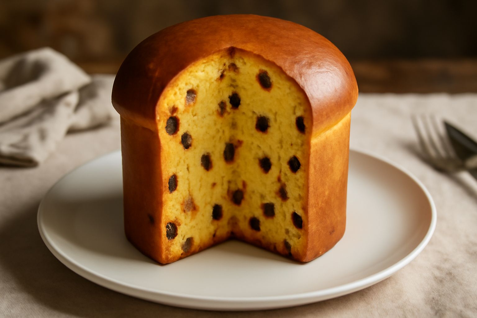 Panettone di Cogne intero affettato, di colore dorato con alveoli regolari, frutta candita e uvetta visibili nella miga, su piatto bianco con tazza di caffè sullo sfondo