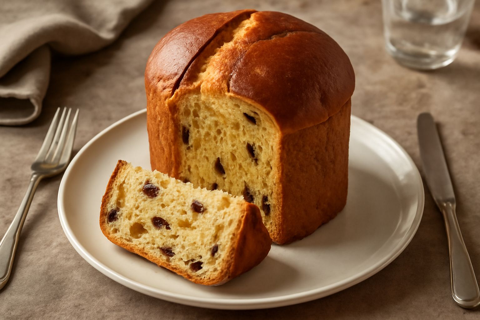 Panettone intero di forma cilindrica con carta di carta anti-aderente attorno, cupola dorata con screpolature leggere, vista dall'alto con spaccatura caratteristica, circondato da uvetta e canditi su 