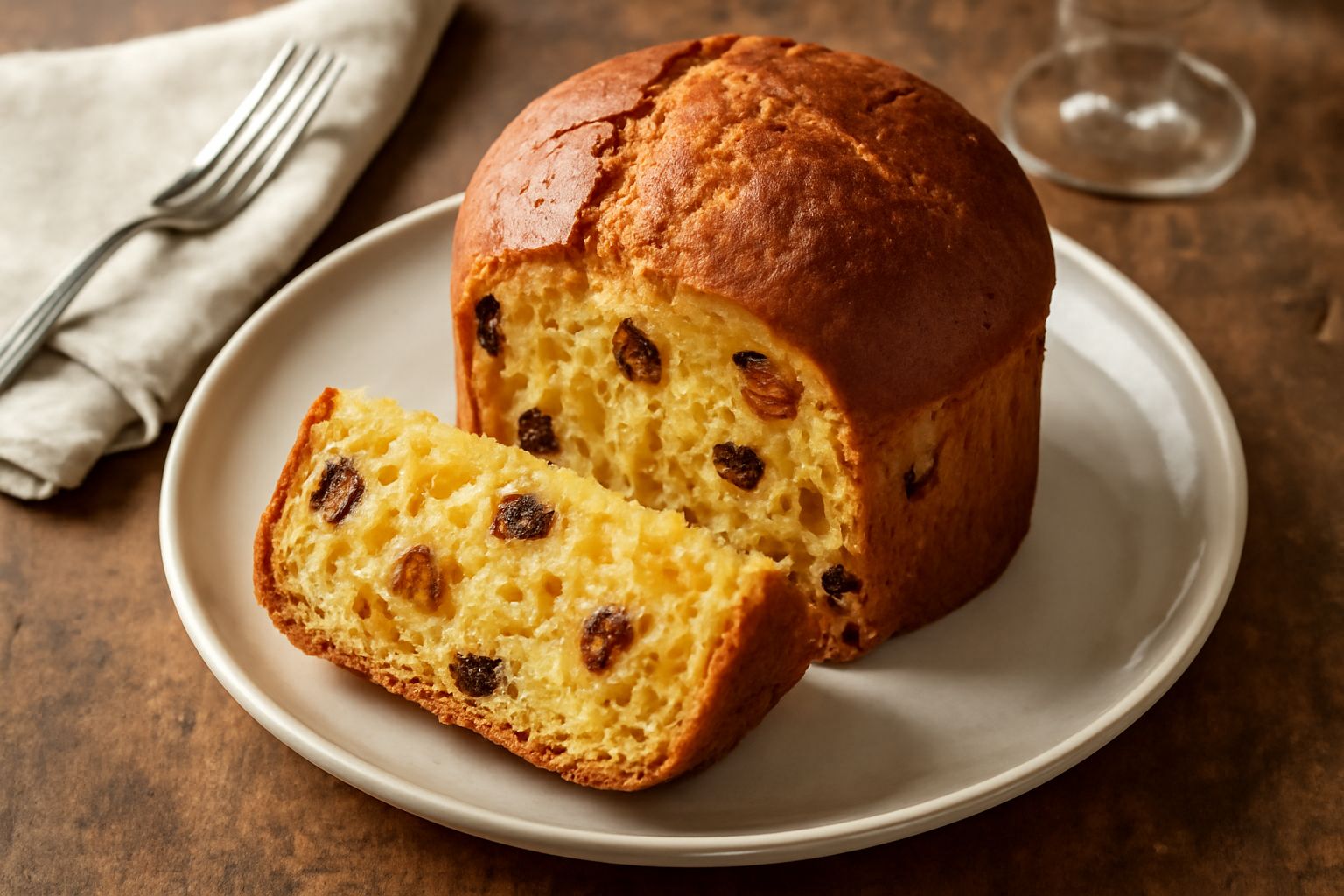 Panettone di Cremona dorato e soffice tagliato a fette, con visibili uvette e canditi d'arancia e cedro, servito su un piatto bianco con una tazza di tè accanto