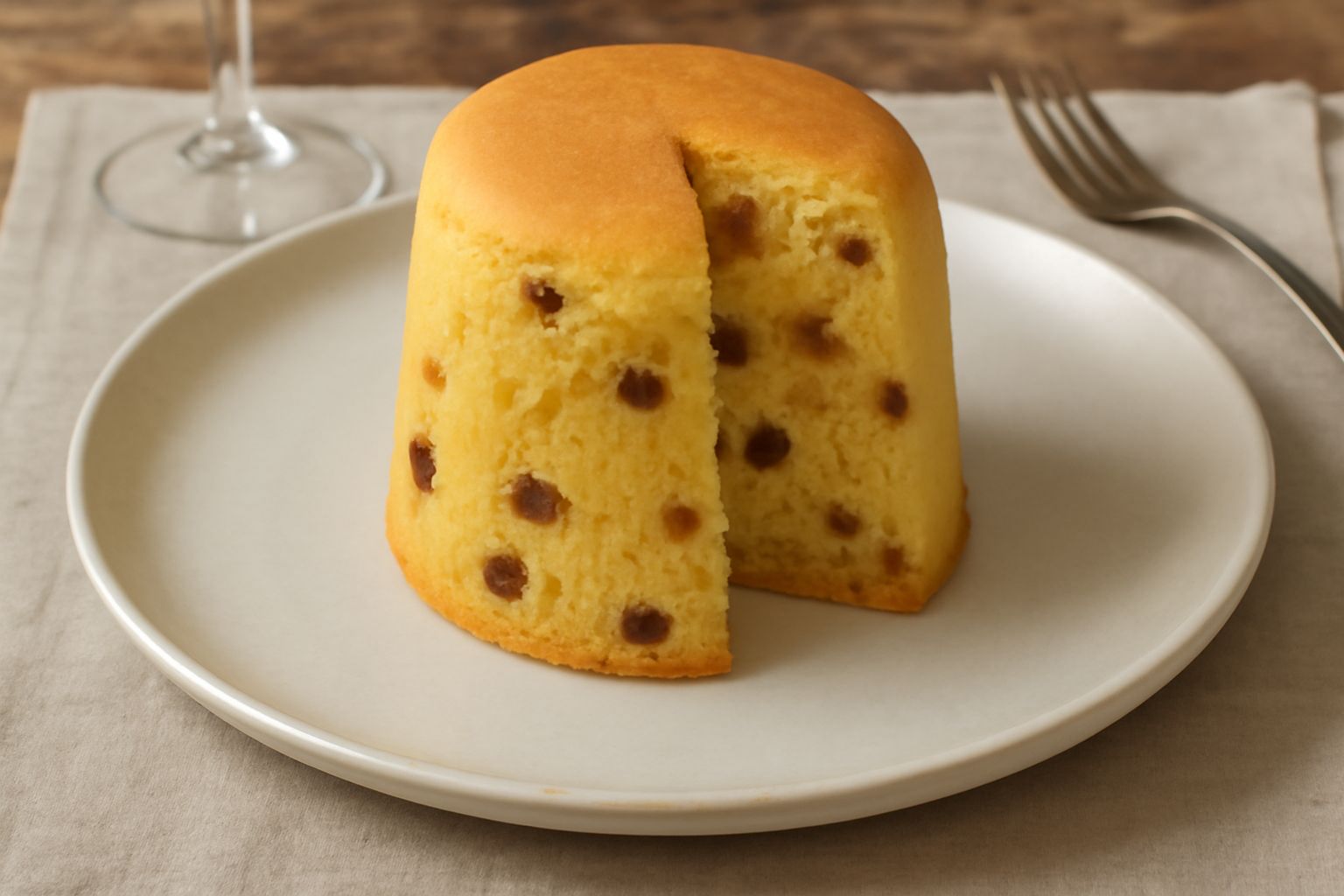Panettone tagliato a fette rivela l'interno morbido giallo dorato con uvetta scura e canditi arancioni, disposto su un piatto bianco con una fetta in primo piano