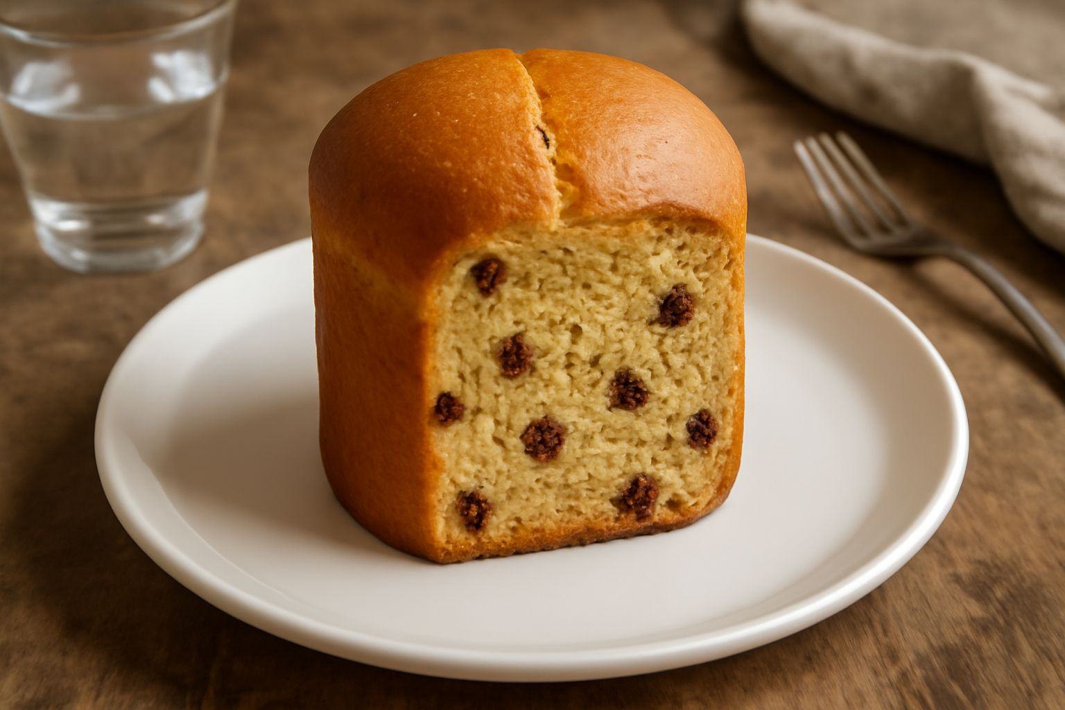 Panettone di Ferrara tagliato a fette, con crema di burro ai canditi in una ciotola bianca, su fondo di legno rustico con foglie di vischio e alcune uvette sparse accanto