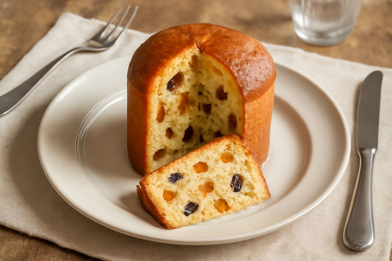 Panettone di Genova affettato, dorato e morbido, con visibili i pezzetti di canditi colorati e uvetta scura nella mollica; posato su piatto bianco con spolverata di zucchero a velo
