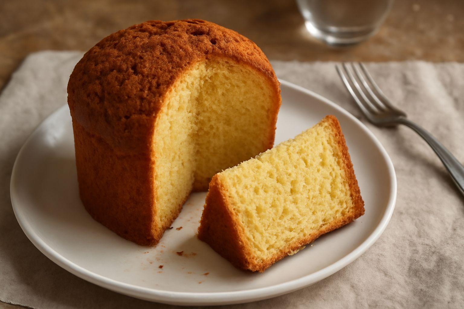 Panettone di Lucca intero appena sfornato, di forma cilindrica regolare, con crosta dorata e screpolature caratteristiche in cima, affettato in parte per mostrare l'interno morbido e giallo paglierino