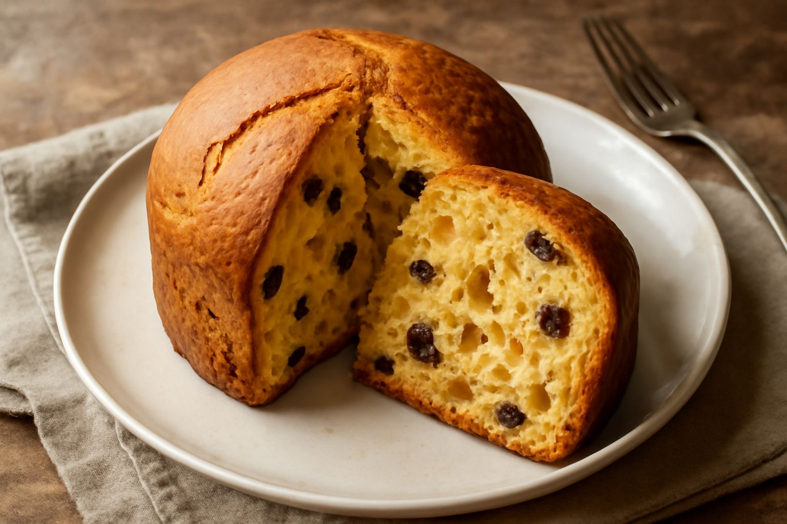 Panettone di Mantova affettato su un piatto bianco, con una fetta che mostra l'interno giallo dorato con uvetta nera e canditi colorati, torta intera sullo sfondo con forma cilindrica classica