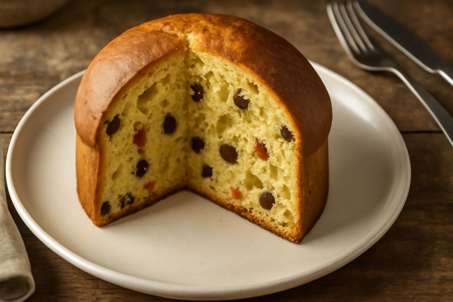 Panettone di Messina a fette con canditi rossi, gialli e verdi ben visibili, mollica color burro chiaro, forma bombata, poggiato su un piatto bianco con tovaglia natalizia di fondo