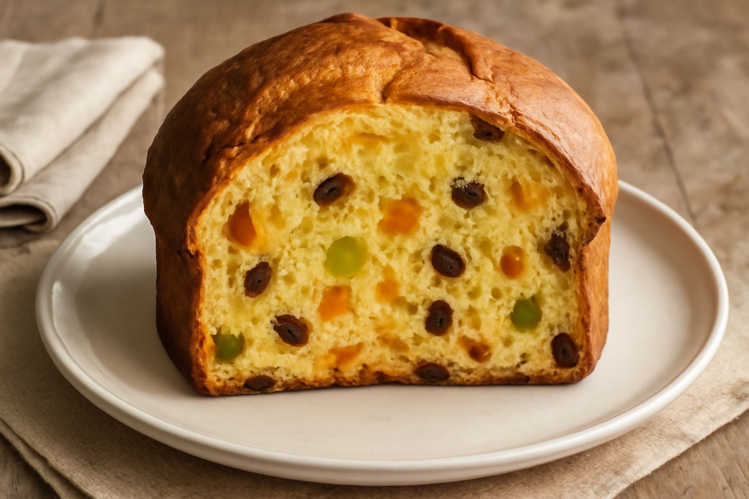 Panettone a forma di cupola con crosta dorata e punteggiature di frutta candita e uvetta, affettato su un piatto bianco con una tazza di caffè accanto