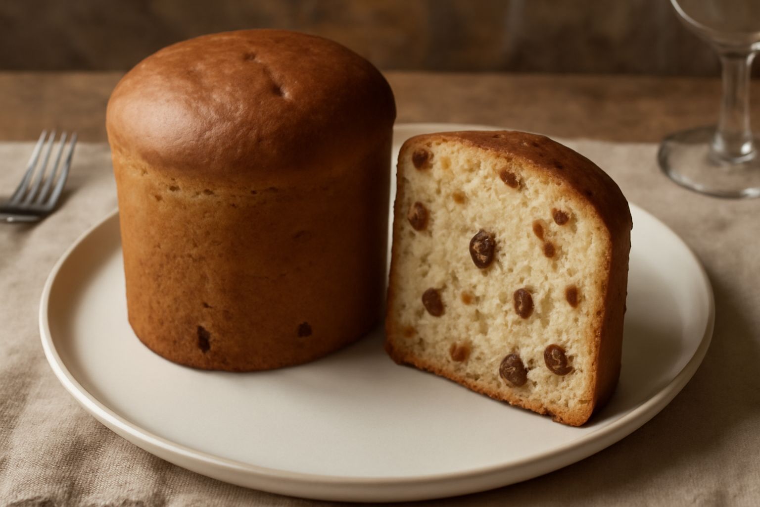 Panettone di Monza intero tagliato a fette su un piatto bianco, con struttura dorata e alveoli di aria visibili all'interno, con accanto una tazza di tè