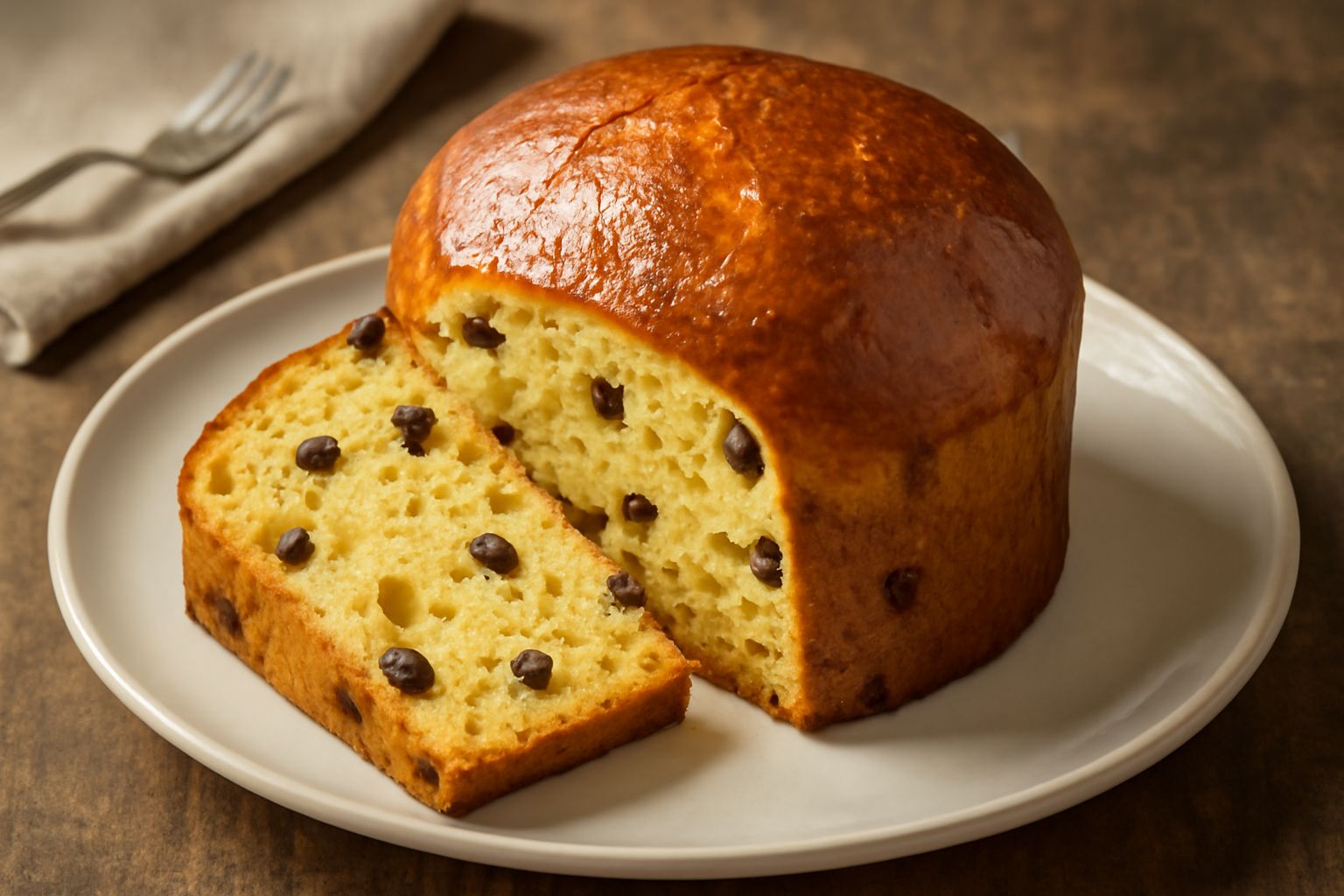 Panettone dorato intero su tavolo di legno, fetta morbida in primo piano che mostra interno cremoso con uvetta nera e canditi gialli e rossi, carta natalizia attorno