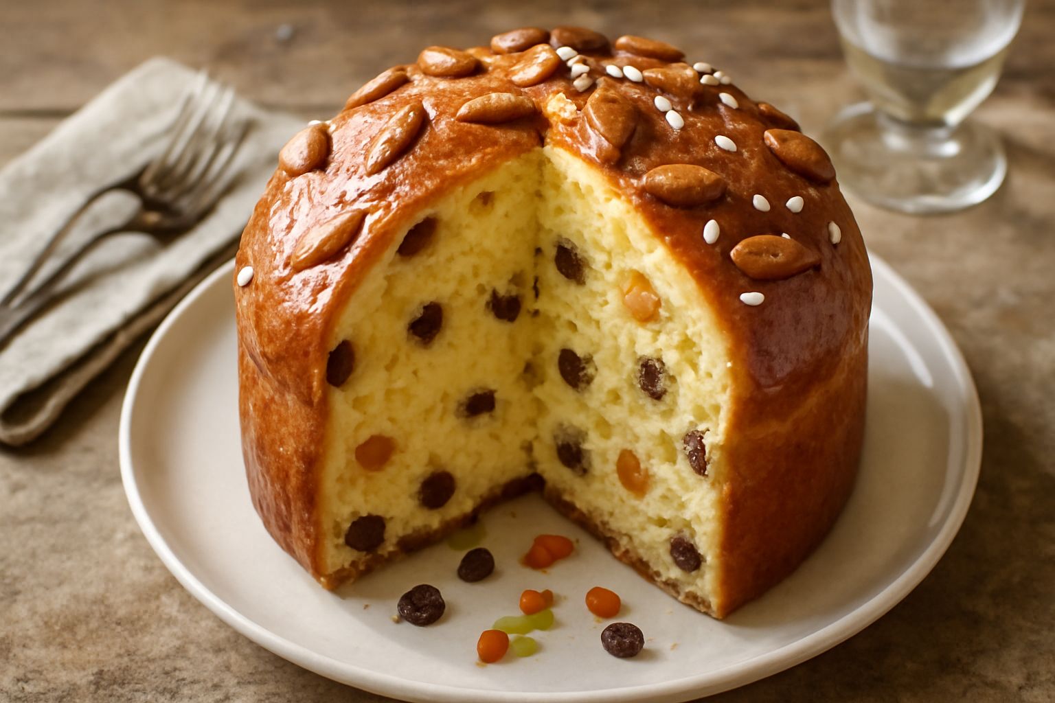 Panettone di Novara dorato intero su piatto bianco, cupola simmetrica ricoperta di mandorle sgusciate, canditi d'arancia e uvetta visibili in sezione, sfondo grigio neutro