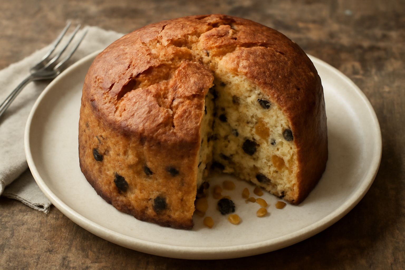 Panettone di pane raffermo appena sfornato, a fette, con crosta dorata, striature di burro visibili, uvetta e pinoli in superficie, servito su un piatto bianco