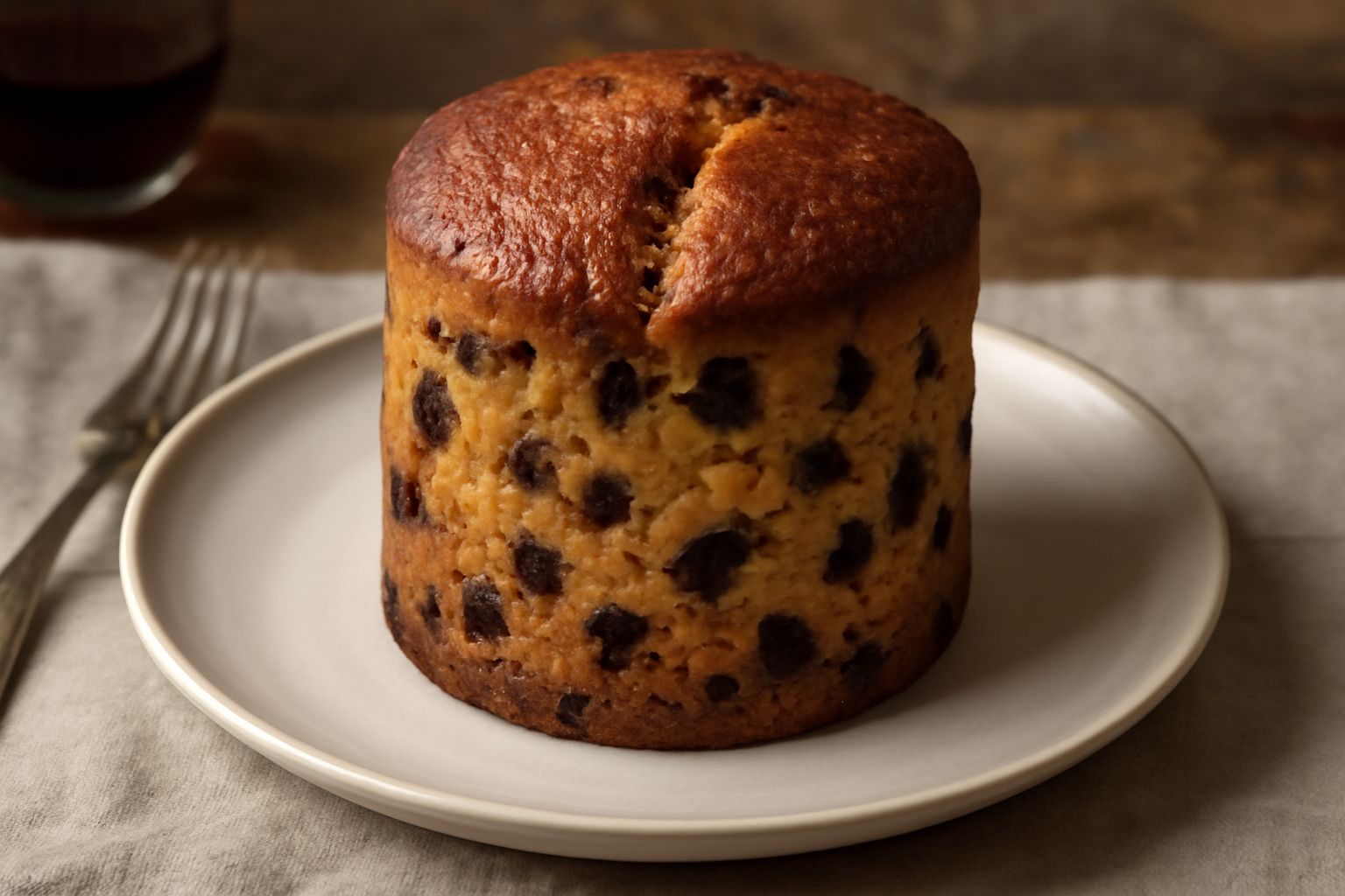 Panettone di Pavia appena sfornato, alto e dorato, con superficie leggermente screpolata, affettato per mostrare l'interno giallo pallido pieno di uvetta scura e canditi visibili, poggiato su una tavo