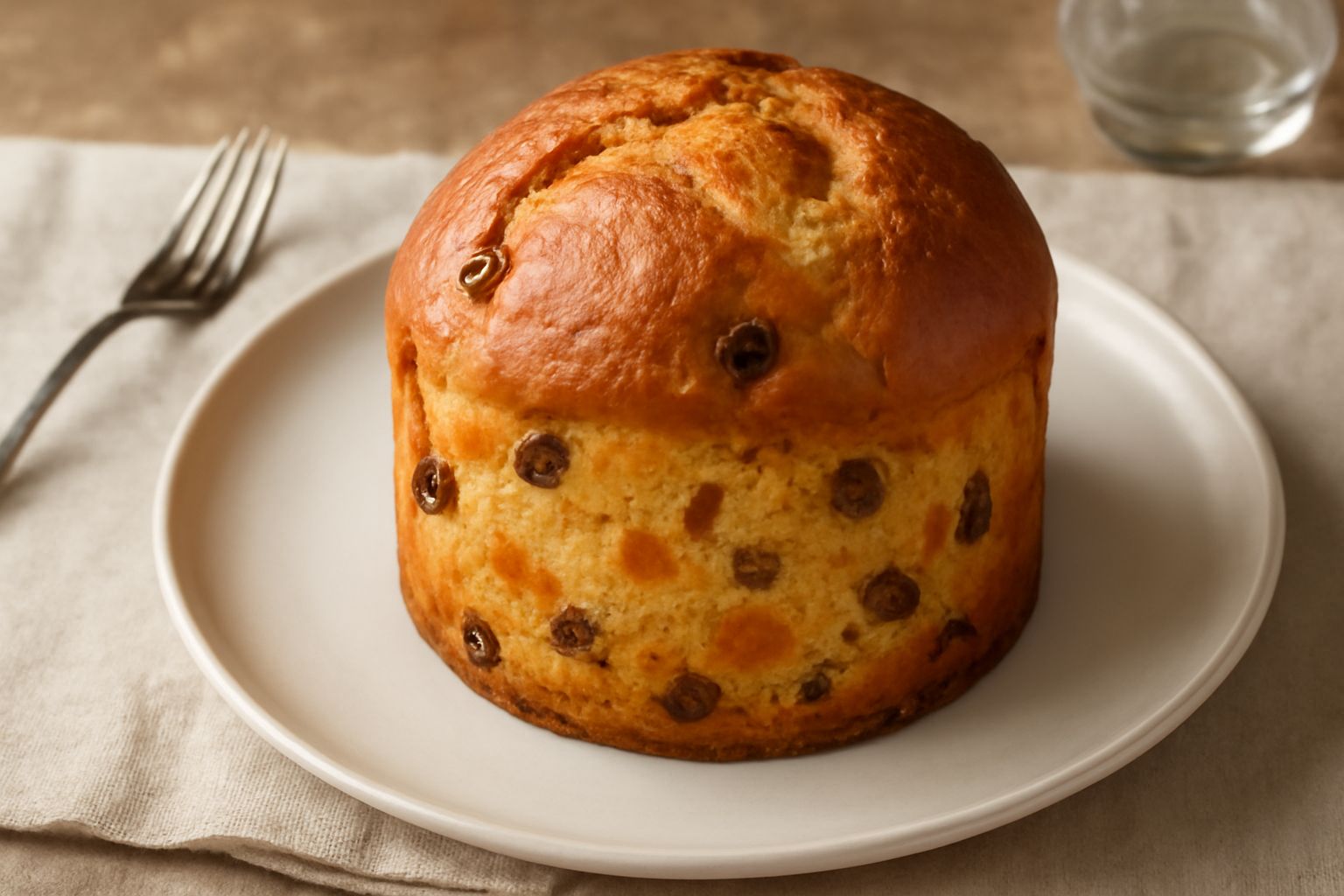 Panettone intero di Pistoia, a cupola dorata, con miga densa e ben strutturata, affettato per mostrare i frutti canditi e l'uvetta distribuiti uniformemente, poggiato su piatto bianco