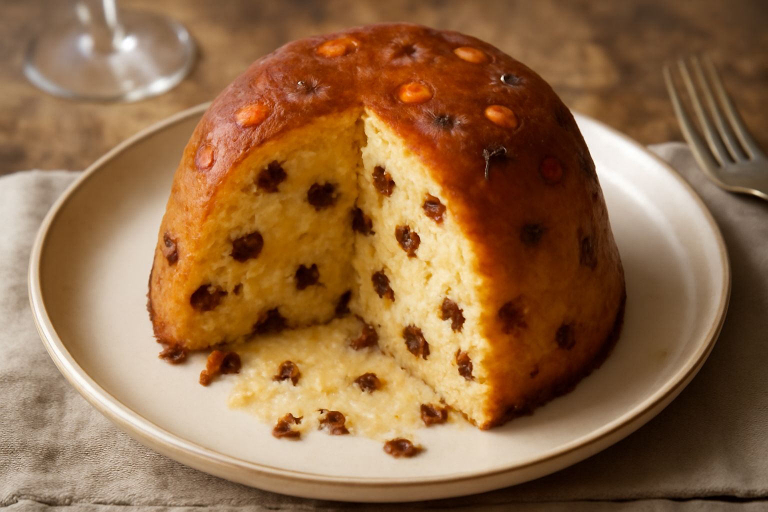 Panettone di riso dorato con canditi rossi e gialli visibili sulla superficie, a fette su un piatto bianco con un bicchiere di spumante di lato, sfondo natalizio con rami di abete