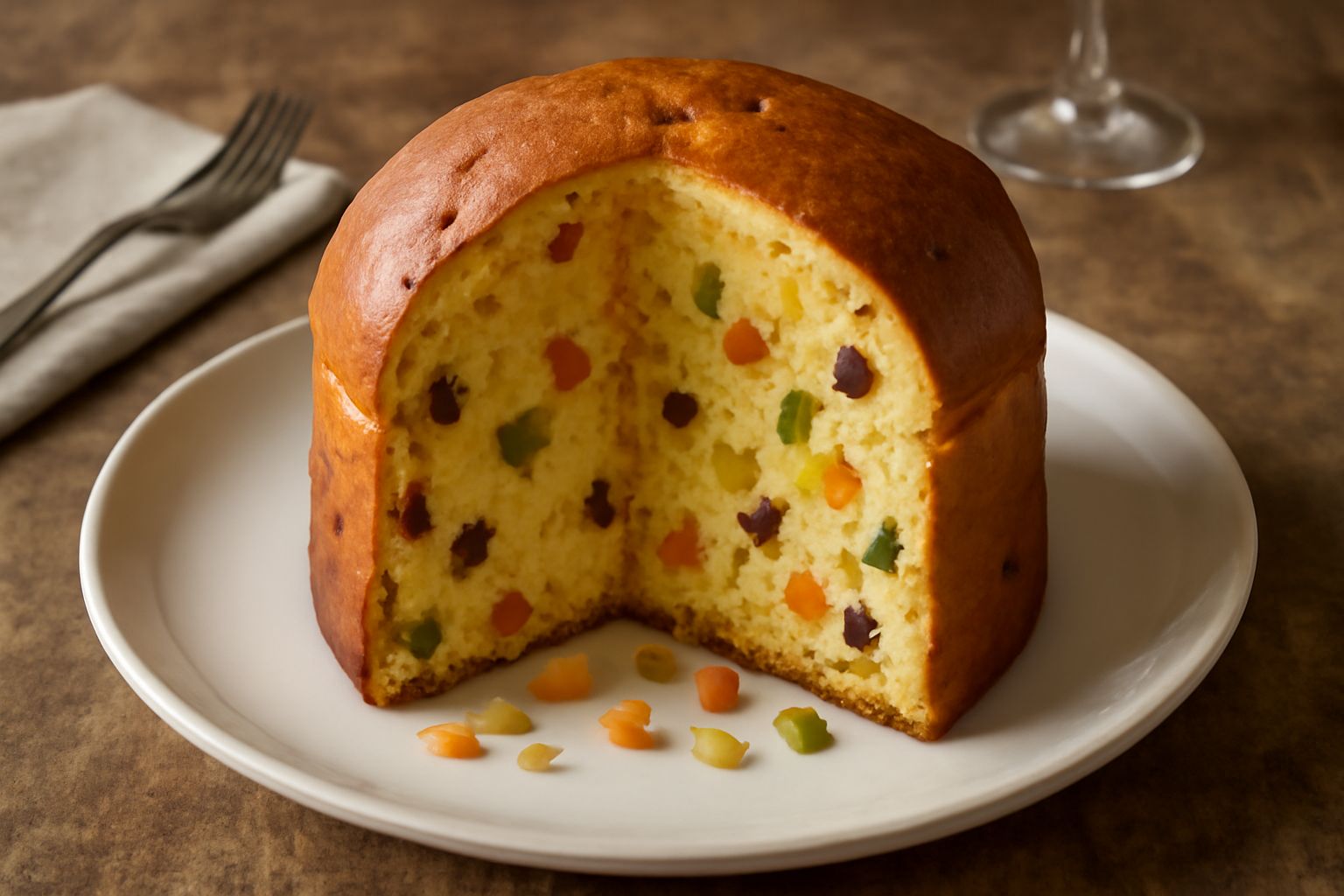 Panettone dorato e gonfio dentro una carta plissettata bianca, tagliato a fette che mostrano l'impasto giallo paglierino con canditi di vari colori e uvetta, servito su un piatto in ceramica bianca co
