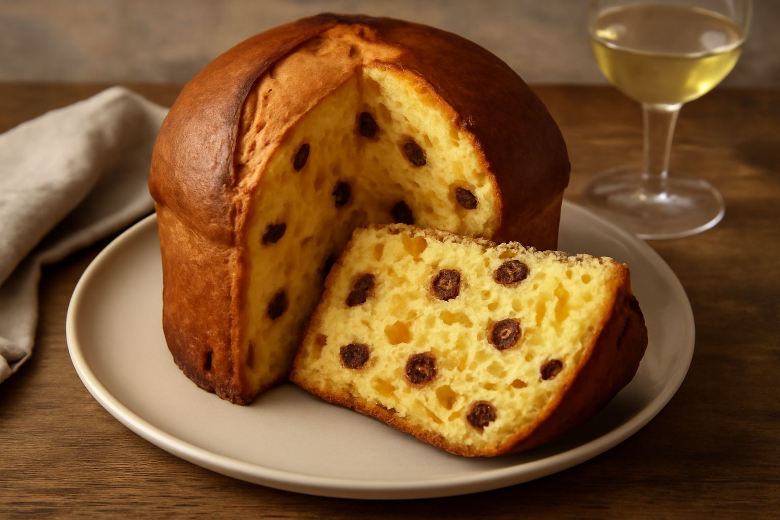 Panettone dorato appena sfornato, cupola regolare e uniforme, tagliato a fette che mostrano la mollica soffice con uvetta e canditi distribuiti, servito su piatto di ceramica bianca con bottiglia di M