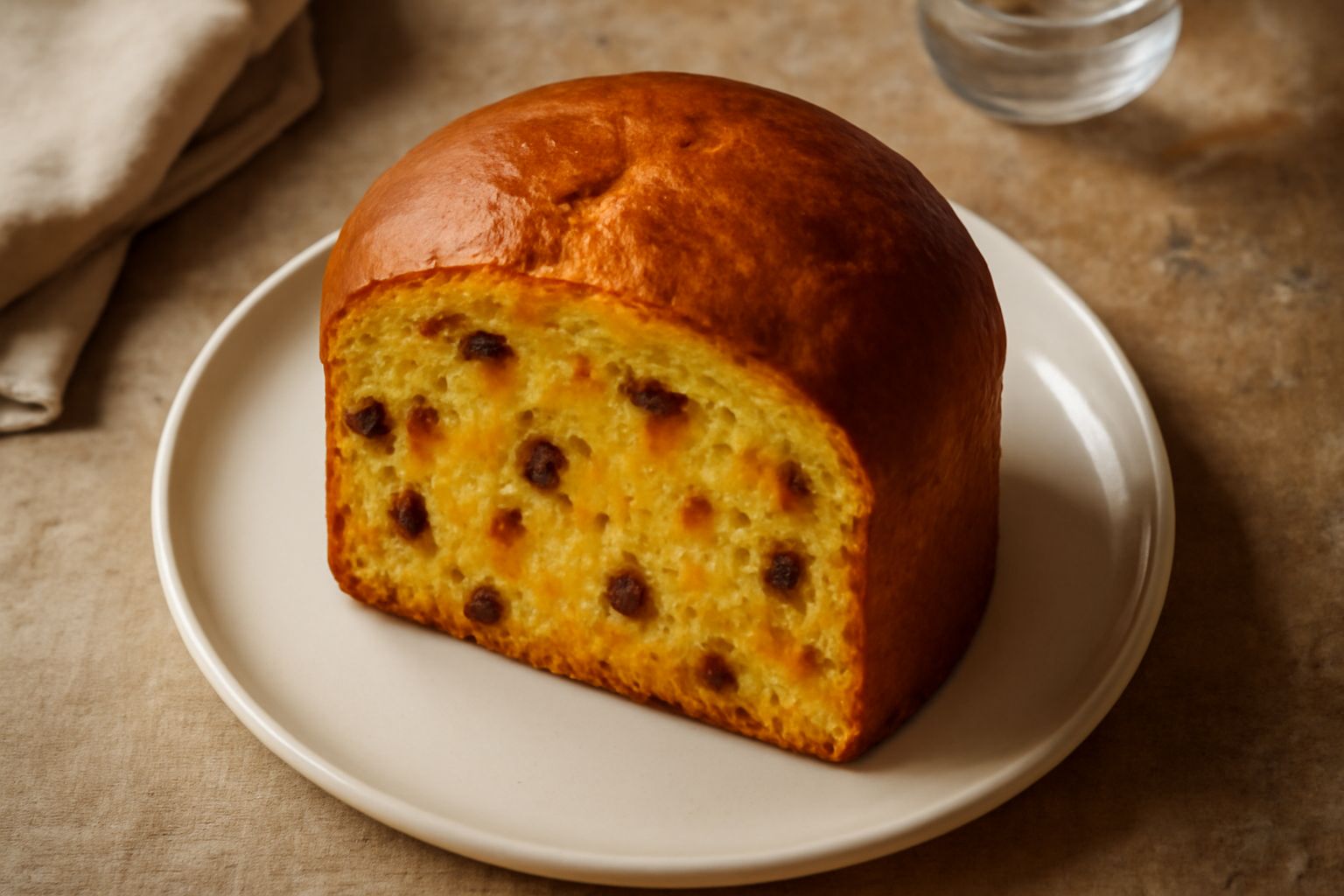 Panettone di semola affettato, colore giallo dorato, con uvetta e canditi visibili nella mollica, posato su un piatto bianco con fondo sfocato di tavolo di legno scuro