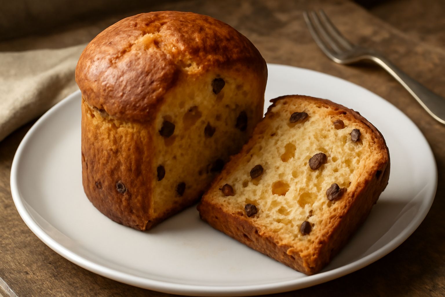 Panettone a fette su piatto bianco con forma cilindrica, cupola dorata, visibili passito d'uva e canditi all'interno, briciole dorate intorno