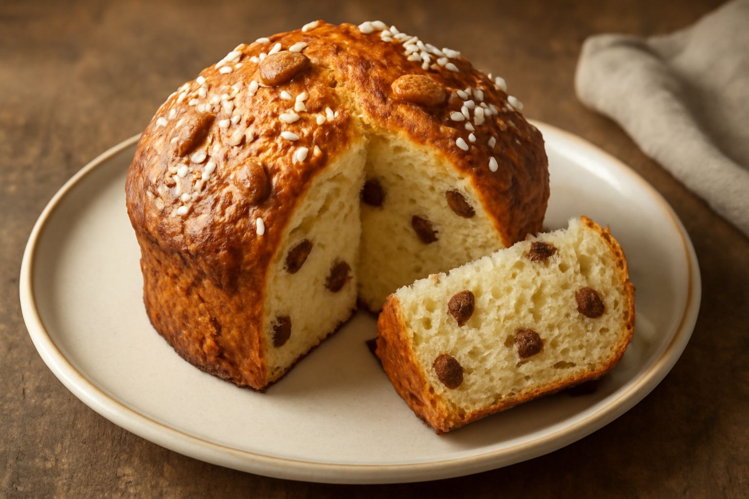 Panettone di Taggia appena sfornato, di forma cilindrica con cupola dorata, coperto da granella di zucchero e mandorle, tagliato per mostrare la mollica giallo-chiaro punteggiata di uvetta scura e cub