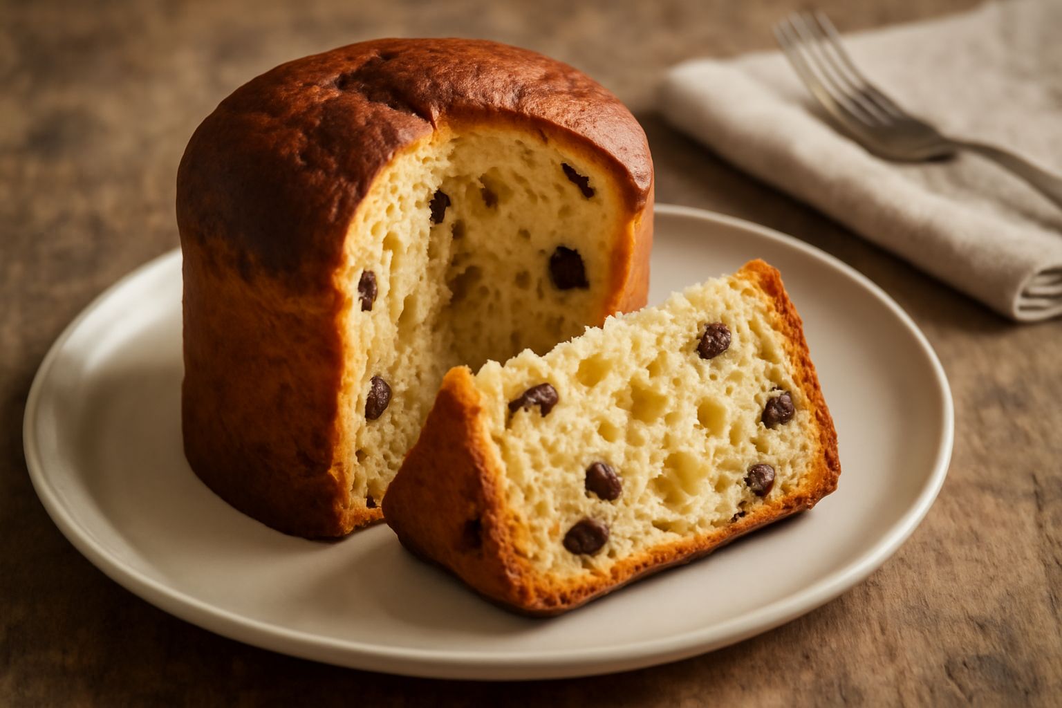 Panettone di Terni affettato, che mostra una mollica giallo dorato, soffice e piena di uvetta e canditi distribuiti uniformemente, su un piatto bianco con una tazza di caffè