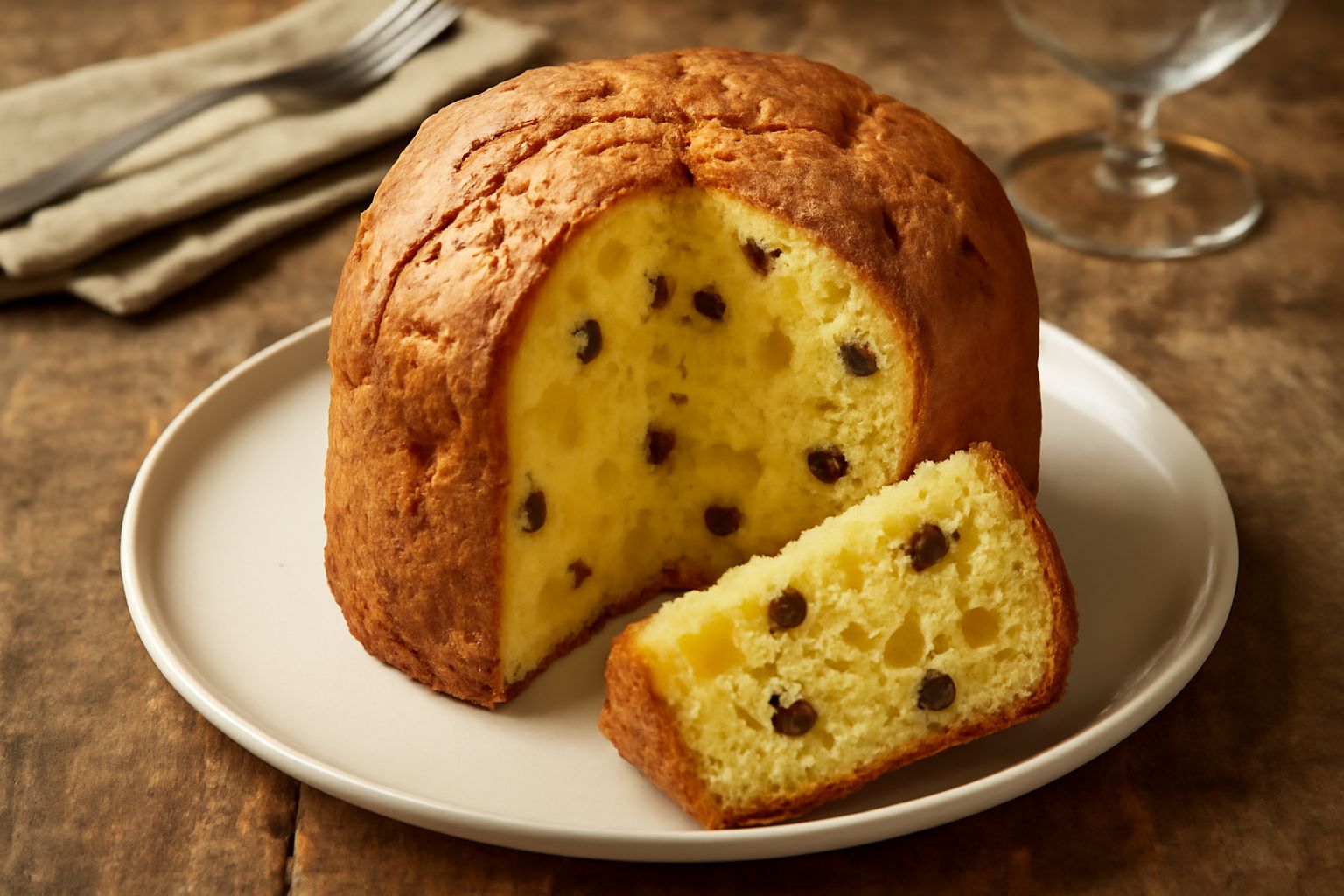 Panettone di Verona intero, a forma di cupola, con superficie dorata e crepe caratteristiche, tagliato in fette che mostrano l'interno morbido con visibili gocce di uva sultanina e cubetti di cedrata 