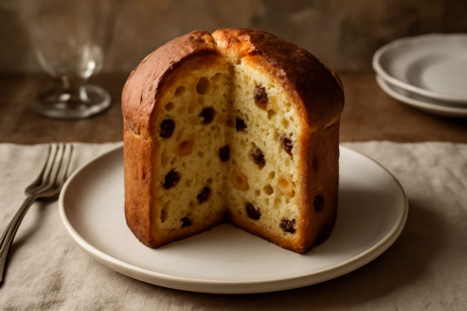 Panettone intero dorato, tagliato a metà, con uvetta e canditi visibili nella miga soffice; pezzi disposti su carta pergamena bianca con una fetta eretta che mostra la struttura alveolata