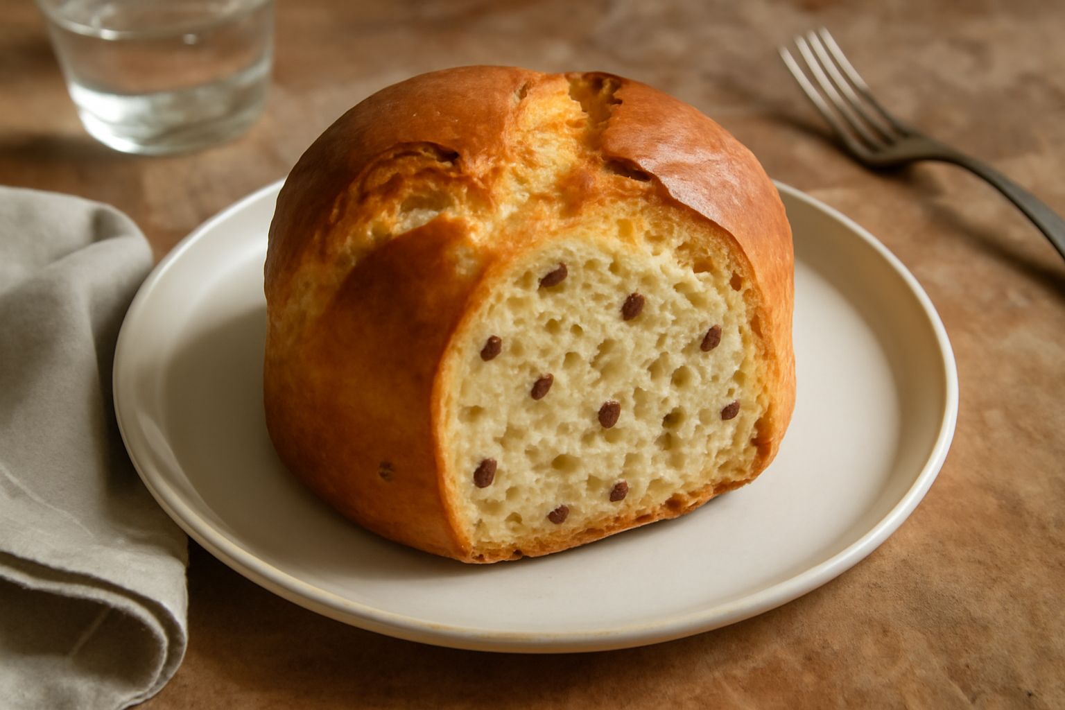 Panettone di Voghera appena sfornato, di colore dorato, a forma panciuta, con cima leggermente spaccata e superficie lucida, affettato per mostrare l'interno soffice punteggiato di uvetta scura e cand