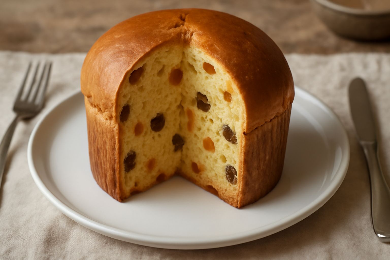 Panettone dolce intero a fette su piatto bianco, colore dorato uniforme, canditi rossi e gialli visibili nella mollica, cupoletta liscia in cima, rigatino leggermente asimmetrico, accompagnato da una 