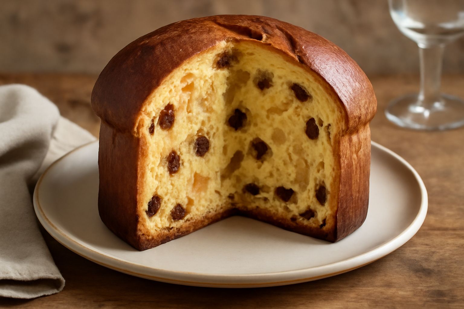 Panettone appena sfornato, dorato in superficie, con uno spicchio tagliato che mostra la mollica alveolata gialla, l'uvetta scura distribuita uniformemente e pezzetti di canditi bianchi e arancioni vi