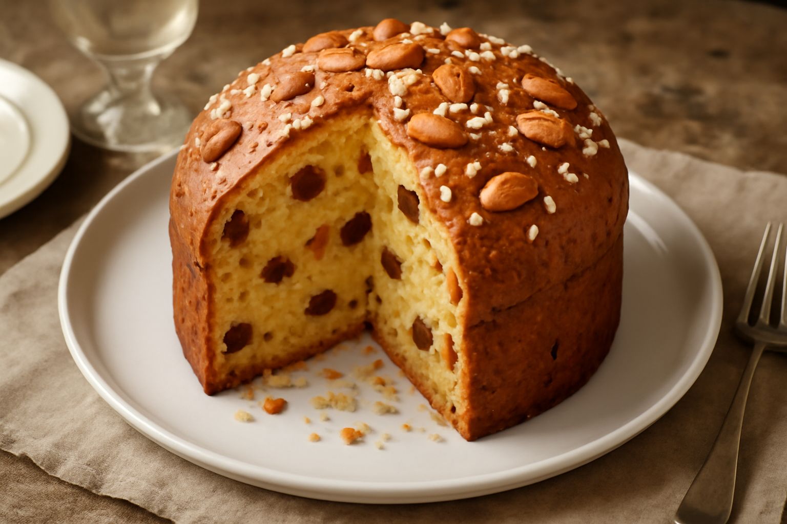Panettone intero appena sfornato, dorato e gonfio, decorato con mandorle in superficie e zucchero a velo, tagliato a fette che mostrano la mollica soffice punteggiata di frutta candita arancione e uve