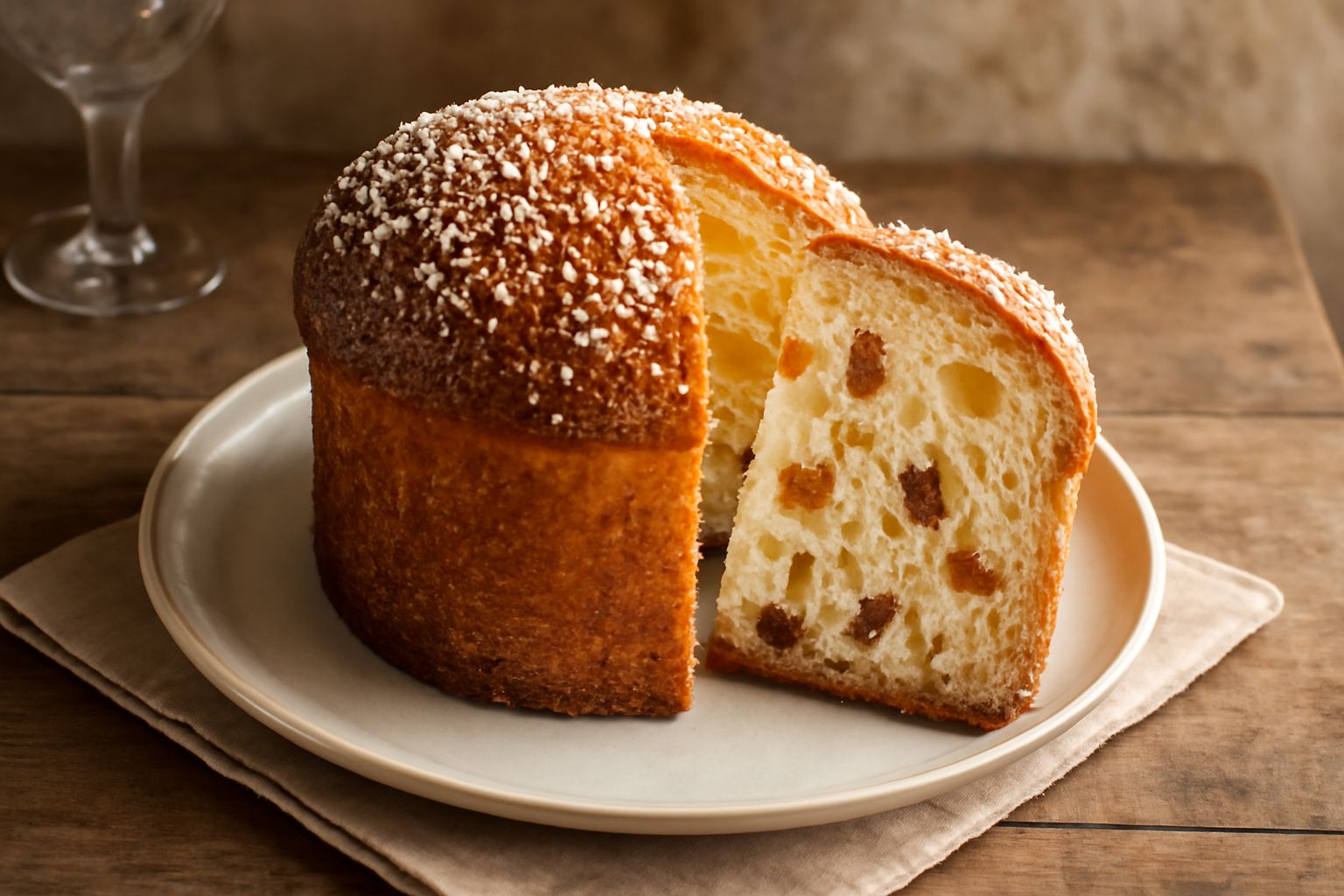 Panettone ferrarese affettato su un piatto bianco, con mollica color avorio chiaro, frutta candita arancione e gialla visibile in sezione, e zucchero semolato sulla crosta superiore dorata