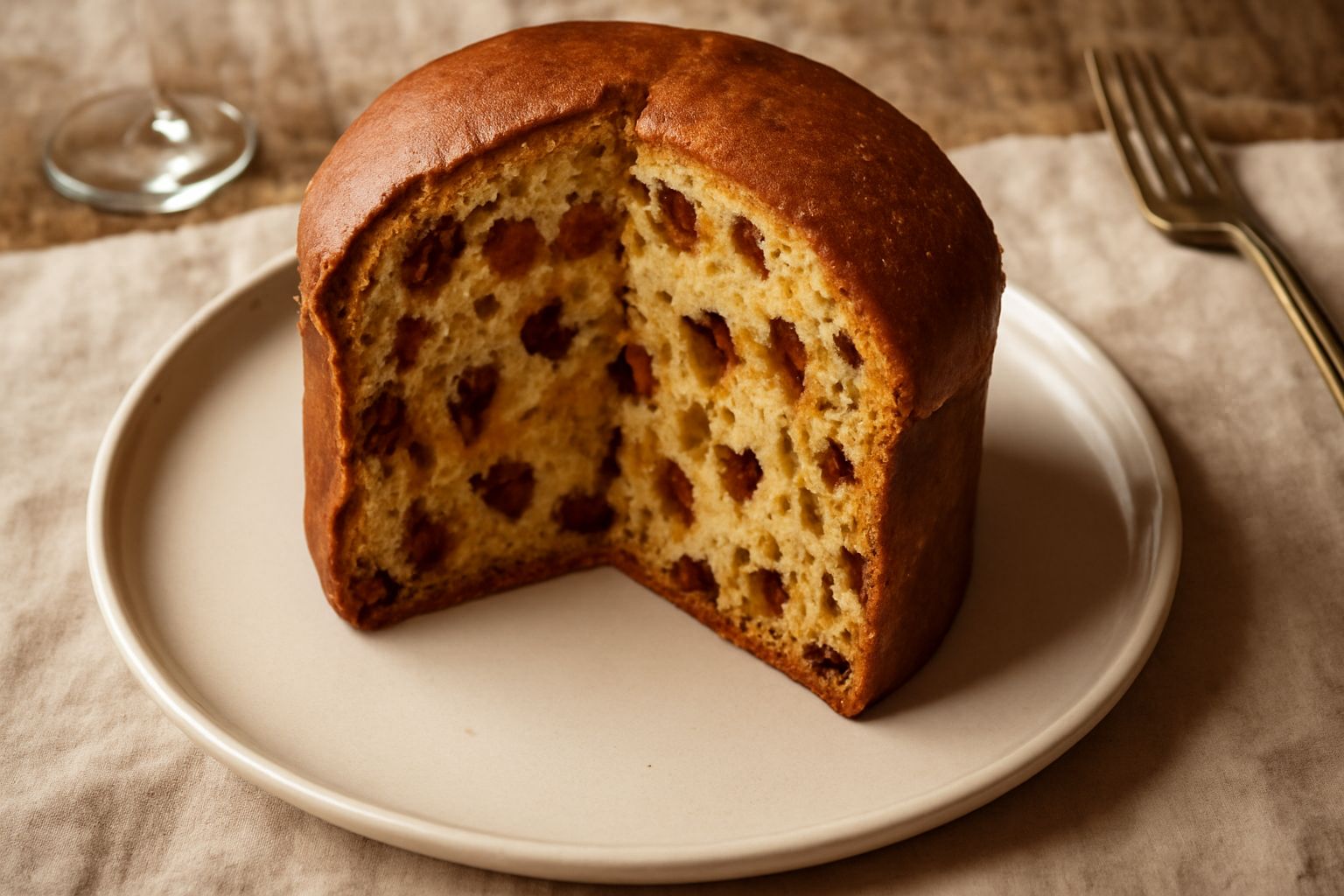 Panettone ai fichi tagliato a fette su un piatto bianco, con la mollica color ambra striata di pezzetti di fico scuro, canditi gialli e uvetta, guarnito con zucchero a velo