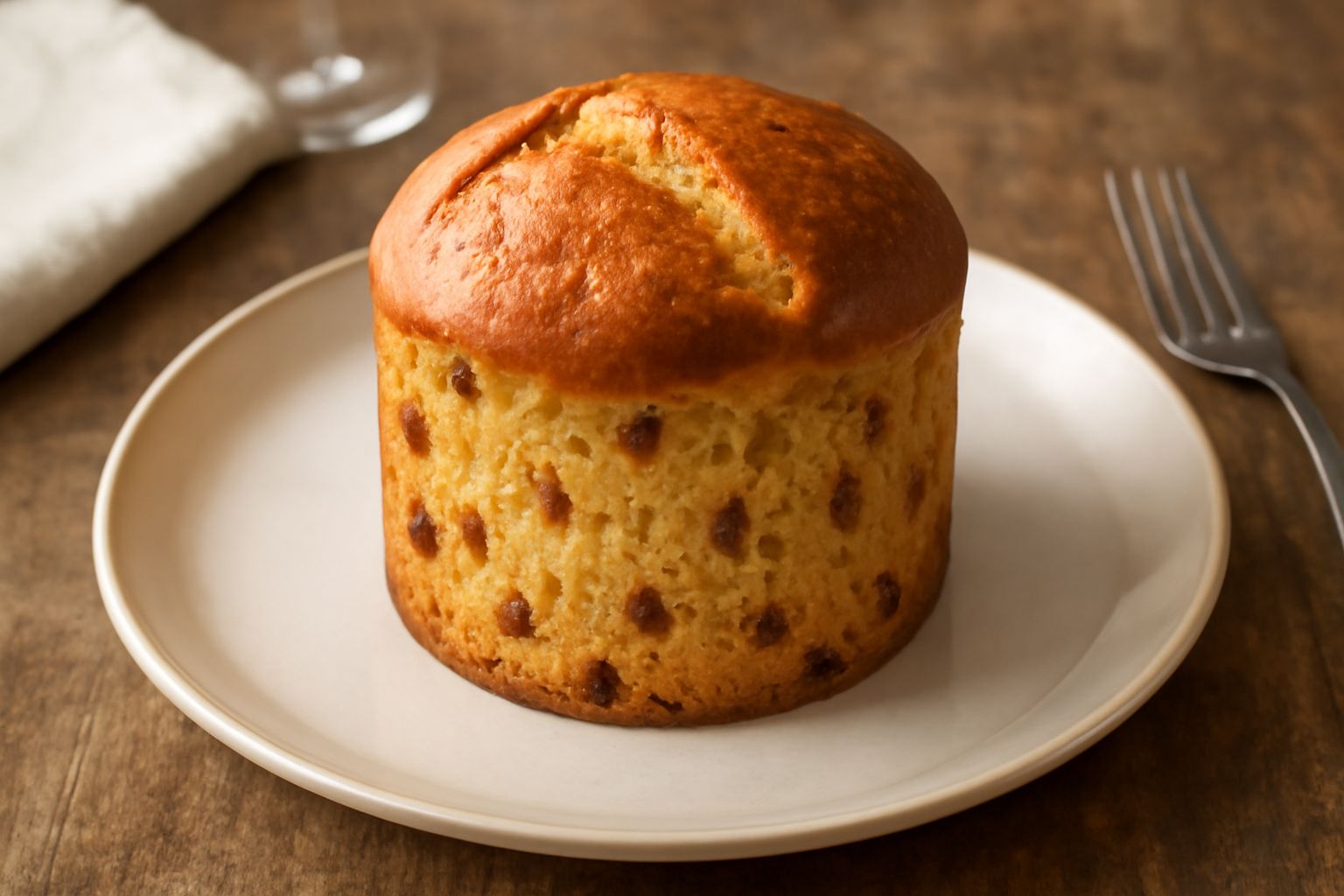 Un panettone folignate appena sfornato, di forma cilindrica, dorato in superficie, con visibili pezzetti di frutta candita e uvetta, tagliato a fette su un piatto bianco, vapore ancora visibile