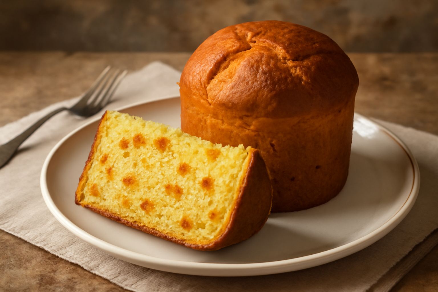 Un panettone friulano tagliato a fette su un piatto bianco, con mollica soffice visibile e canditi color giallo-arancio, accanto una tazza di caffè fumante