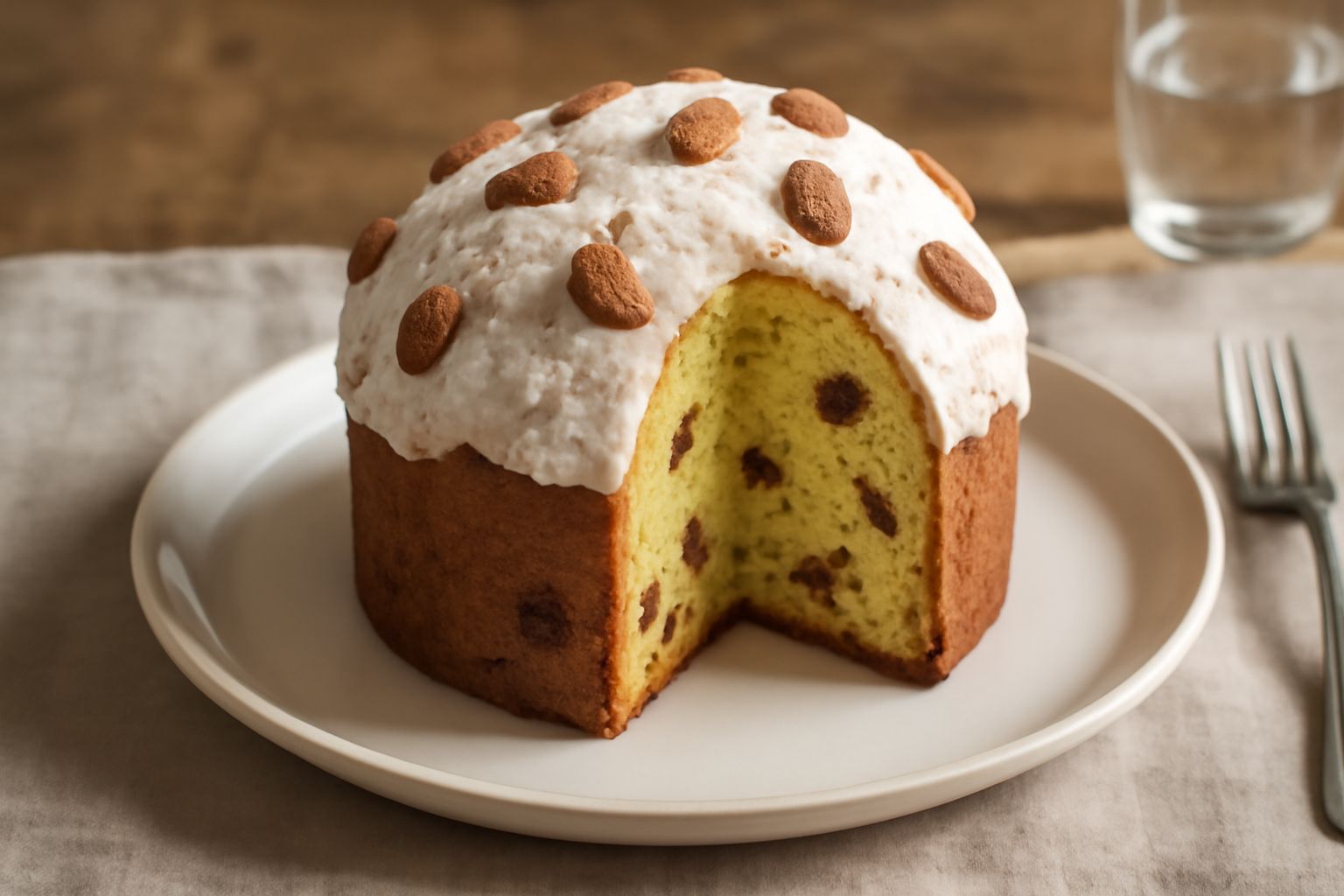 Panettone glassato con glassa bianca croccante alle mandorle intere sulla sommità, taglio verticale che mostra l'interno soffice con uvetta e canditi, su piatto bianco con tovagliolo in lino panna