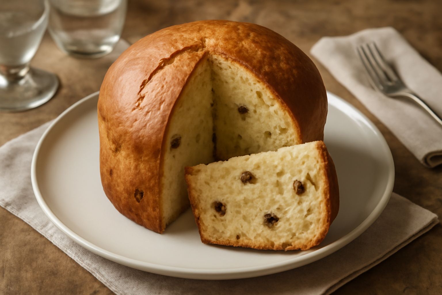 Panettone goriziano a fette su piatto bianco, pane dorato chiaro con uvetta scura visibile, mandorle intere sparse sulla superficie, sfondo di natale con tovaglia rossa