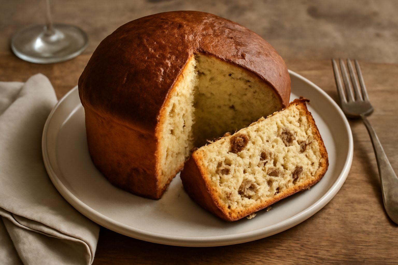 Panettone imperiese tagliato a fette in piatto bianco, superficie dorata con noci e mandorle visibili, sfondo di tela bianca con un coltello di legno accanto