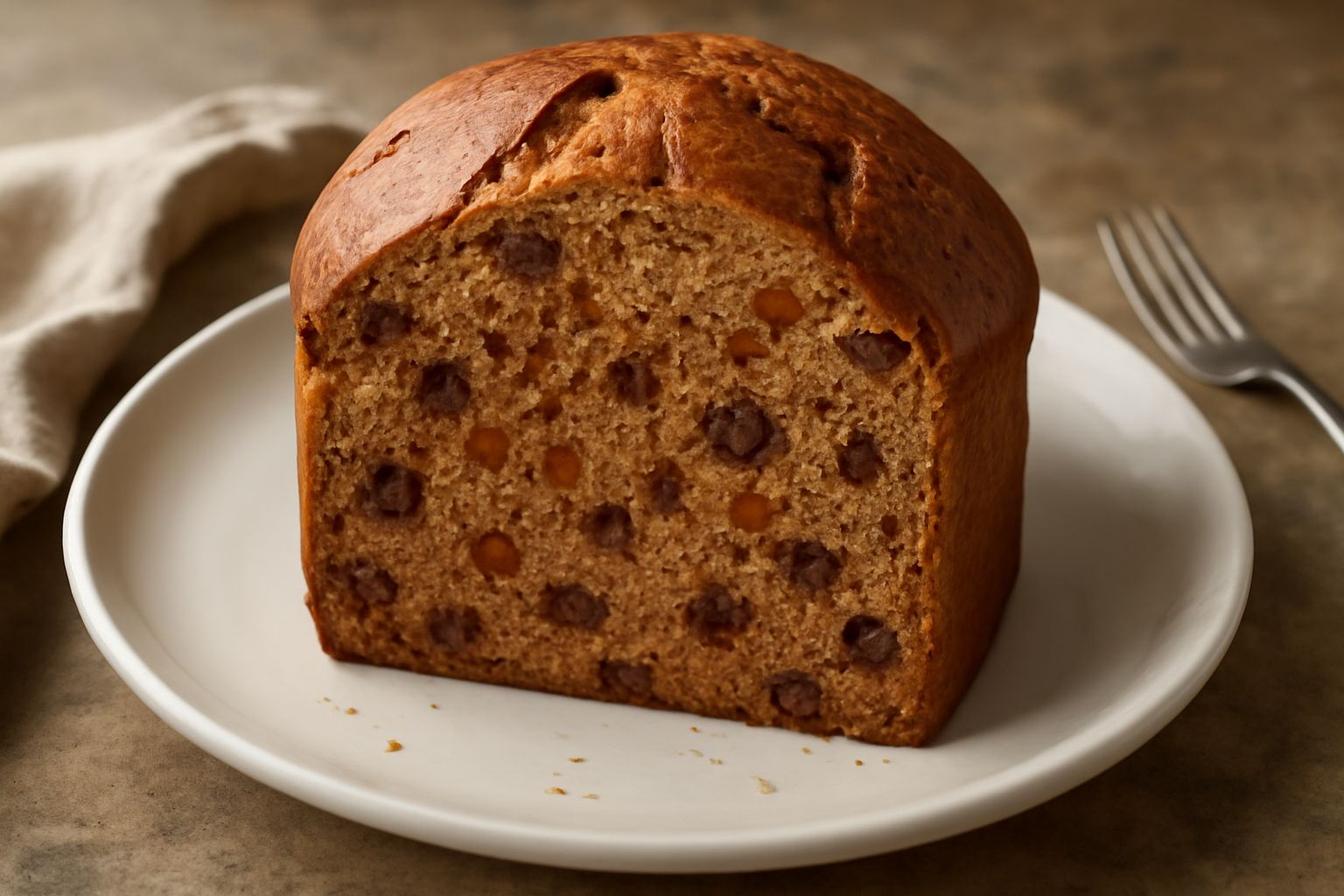 Panettone integrale affettato su piatto bianco, taglio netto che mostra uvetta e canditi distribuiti uniformemente, colore dorato-marrone, guarnizione con zucchero a velo leggero, fette sovrapposte le