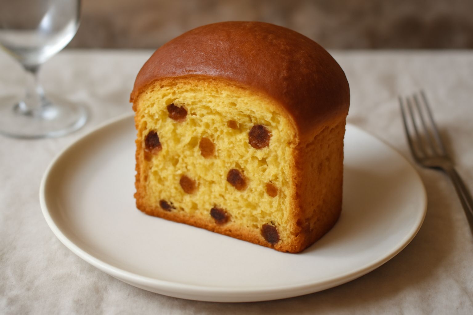 Panettone leccese a fette, dal colore giallo-dorato, con visibili chicchi di uva passa scura e pezzetti di canditi arancioni e rossi, servito su piatto bianco con una tazza di caffè sfocata sullo sfon